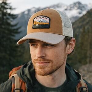 Cotopaxi Llamascape Trucker Hat Tan Cream Mesh Snapback Outdoor Cap Gorpcore OS